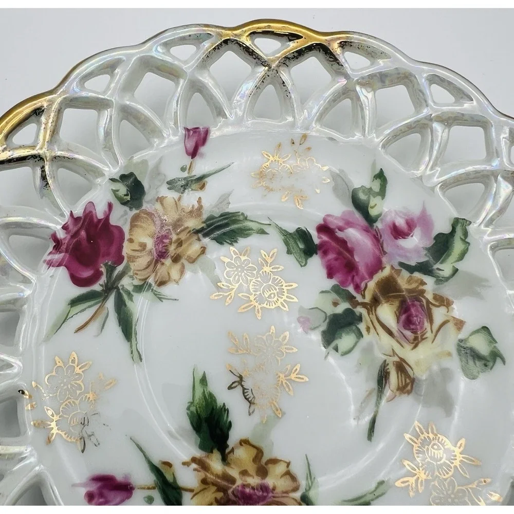 Vintage Reticulated Lace Edge Floral Porcelain Saucer Gold Trim Tea Party Plate